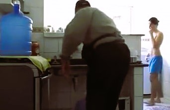 Wank near woman cleaner